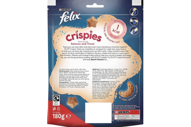 FELIX Crispies Cat Treats – Salmon & Trout Flavour – Light, Crunchy, Low-Calorie Snack for Cats – 5 x 180 g (Bulk Pack)
