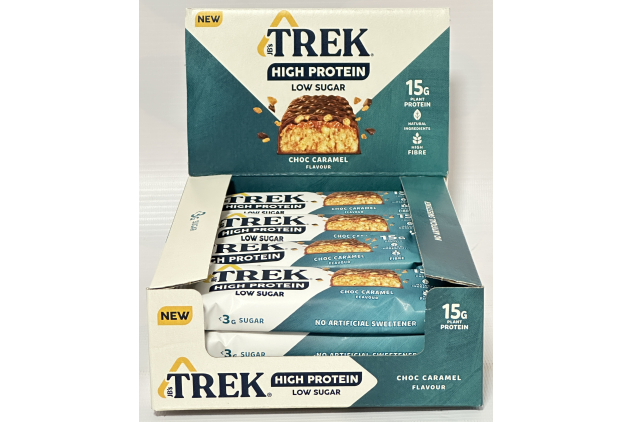 TREK High Protein Low Sugar Choc Caramel Bars | 12 x 55g | Plant-Based Protein Snack | High Fibre | Natural Ingredients