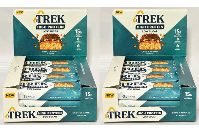 TREK High Protein Low Sugar Choc Caramel Bars | 24 x 55g | Plant-Based Protein Snack | High Fibre | Natural Ingredients