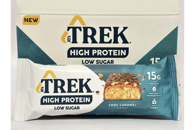 TREK High Protein Low Sugar Choc Caramel Bars | 24 x 55g | Plant-Based Protein Snack | High Fibre | Natural Ingredients
