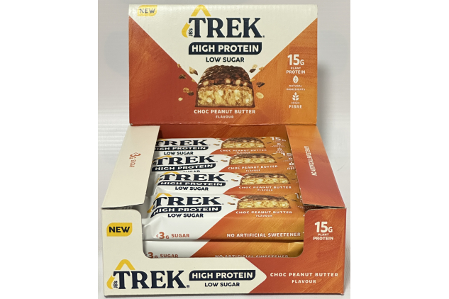 TREK High Protein Low Sugar Choc Peanut Butter Bars | 12 x 55g | Plant-Based Protein | High Fibre | Natural Ingredients