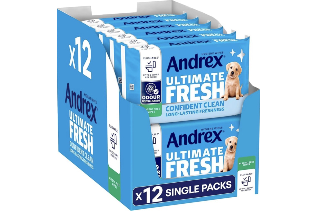 Andrex Ultimate Fresh Flushable Wipes – 12 x Single Packs | Plastic-Free, Biodegradable Toilet Wipes