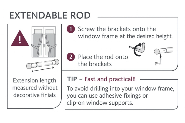 2 x Extendable Window Curtain Rods with Decorative End Caps – Black Metal (50–80 cm)