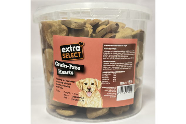 Extra Select Grain-Free Hearts Dog Treats – Turkey & Cranberry – 3 Litre (1.5kg)