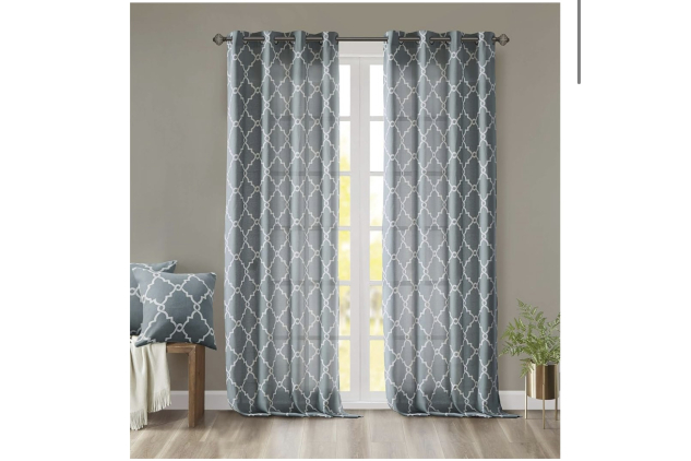 Madison Park Saratoga Single Window Curtain Light Filtering Fretwork Print 1 Panel 100 X 84 Inches Blue