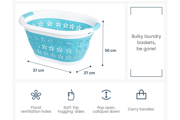 Collapsible Laundry Basket 17L – Foldable Washing Basket with Handles | Space-Saving Pop-Up Hamper (Turquoise)