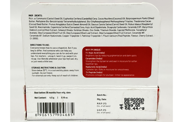 Chemist at Play Cherry Lip Balm 4.5g | SPF 50 PA++++ | 1% Kojic Acid + Ceramides | Brightening, Moisturising & Repairing Lip Care