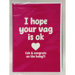 Tongue in Peach Funny New Baby Card – “I Hope Your Vag Is OK (Oh & Congrats on the Baby!)” – CBH1990