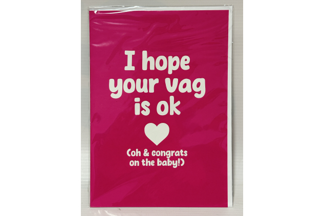 Tongue in Peach Funny New Baby Card – “I Hope Your Vag Is OK (Oh & Congrats on the Baby!)” – CBH1990