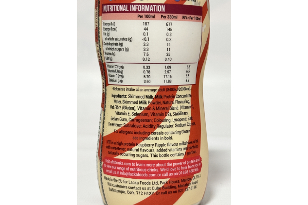 UFIT 25g High Protein Milkshake Drink – Raspberry Ripple – 10 x 330ml Bottles