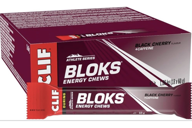 CLIF BLOKS Energy Chews – Black Cherry + Caffeine | Fast Energy for Endurance | Plant-Based | 18 × 60g Packs