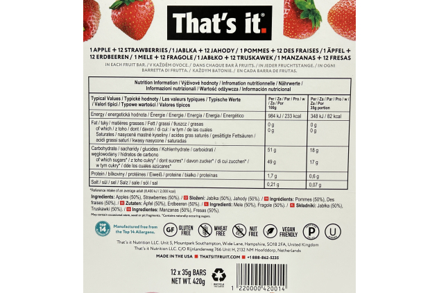 That’s it. Apple & Strawberry 100% Fruit Bars – No Added Sugar – 12 x 35g