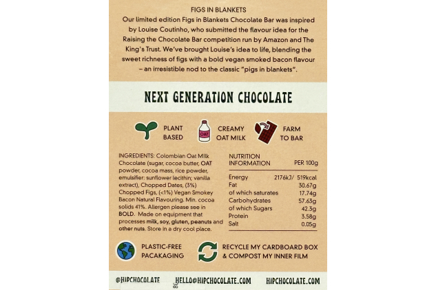 H!P Chocolate ‘Figs in Blankets’ Oat Milk Chocolate Bar – 41% Cocoa – 80g | Limited Edition | Plant-Based Chocolate Bar
