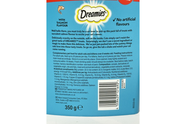 Dreamies Cat Treats with Salmon Flavour – Crunchy & Soft Snack Pockets | 2 x 350g Tubs (700g)