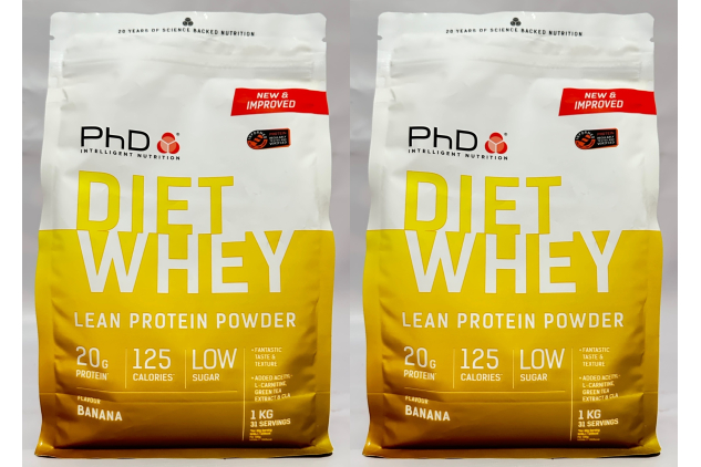 PhD Nutrition Diet Whey Lean Protein Powder – Banana Flavour | 2 x 1kg Bags