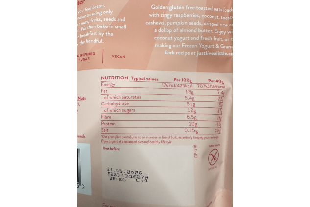 Just Live a Little Gluten Free Granola – Raspberry, Coconut & Cashew | 5 x 360g (1.8kg Total)