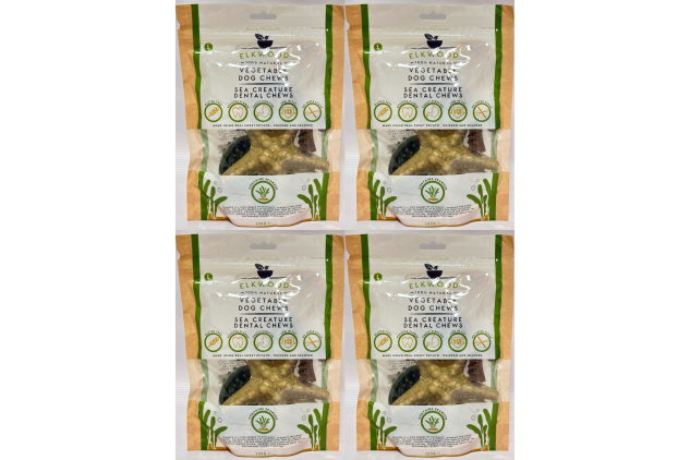 Elkwood Sea Creature Dental Chews for Dogs – Vegetable Dog Chews | Grain-Free Sweet Potato Dental Treats | Large Size | 200g (4 Chews per Pack) | Pack of 4