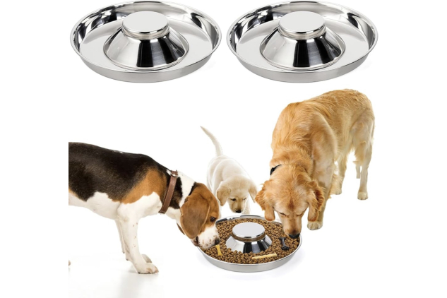 Stainless Steel Puppy Slow Feeder Bowls – 2 Pack | 11.5″ Non-Slip Weaning Bowls for Dogs & Cats