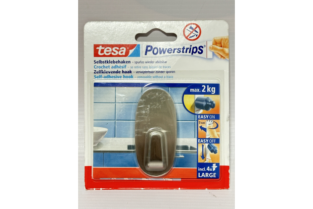 tesa Powerstrips Large Metal Oval Hook | Self-Adhesive Wall Hook | Max 2 kg