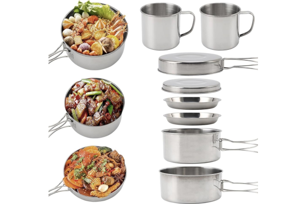 Camping Cookware Mess Kit Stainless Steel Pots & Pans Set | 8-Piece Set