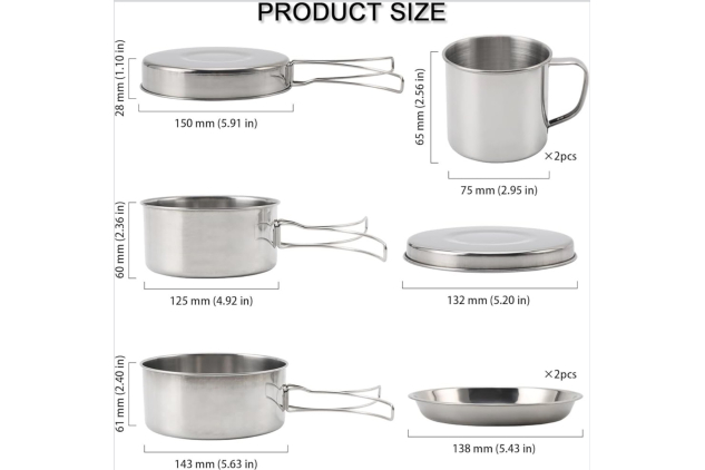 Camping Cookware Mess Kit Stainless Steel Pots & Pans Set | 8-Piece Set