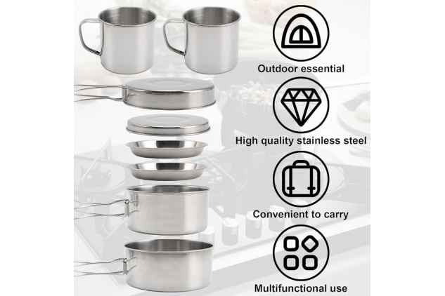 Camping Cookware Mess Kit Stainless Steel Pots & Pans Set | 8-Piece Set