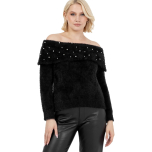 Lovedrobe Women's Women's Jumper Dress Ladies Oversized Longline Sweater Off Shoulder Bardot Long Sleeve Pearl Embellished Knitwear Sweater (Pack of 1) Size 24/26