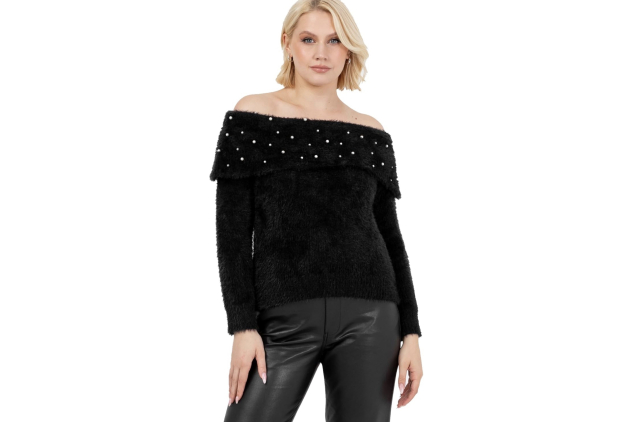 Lovedrobe Women's Women's Jumper Dress Ladies Oversized Longline Sweater Off Shoulder Bardot Long Sleeve Pearl Embellished Knitwear Sweater (Pack of 1) Size 24/26