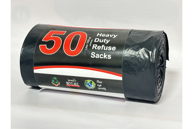 Black Refuse Sacks – 50 Bin Bags, 90 Litre (100 Gauge / 25 Micron)