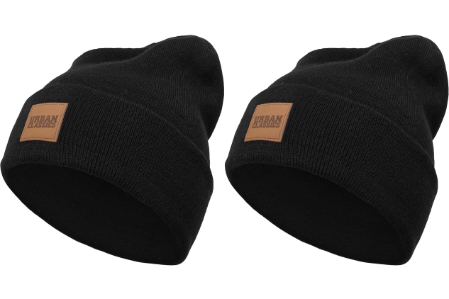 Urban Classics Synthetic Leather Patch Long Beanie Hat | Unisex Knit Winter Hat | Pack of 2 | One Size