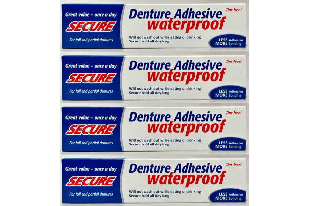 Secure Denture Adhesive Waterproof – Zinc Free – 4 x 40g