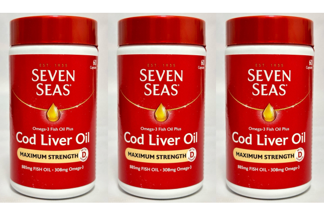 Seven Seas Cod Liver Oil Maximum Strength Omega-3 Capsules | 60 Capsules | Pack of 3 (180 Capsules)