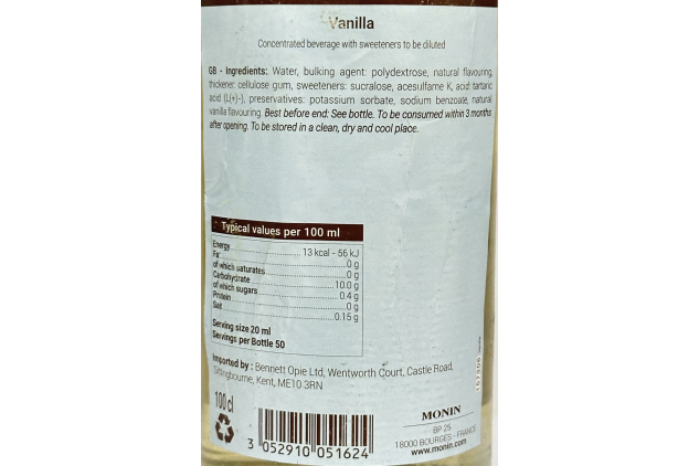 Monin Sugar Free Vanilla Syrup – Coffee & Cocktail Flavouring | 1L