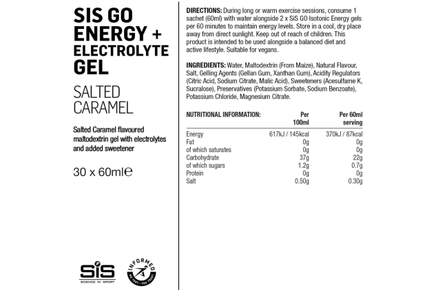 Science in Sport GO Energy + Electrolyte Gels – Salted Caramel – 30 x 60 ml | Endurance Fuel | Vegan