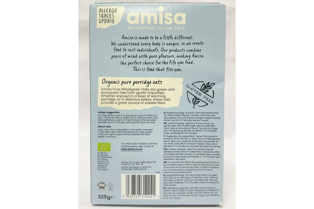 Amisa Organic Gluten Free Pure Porridge Oats – 325g Wholegrain Oats