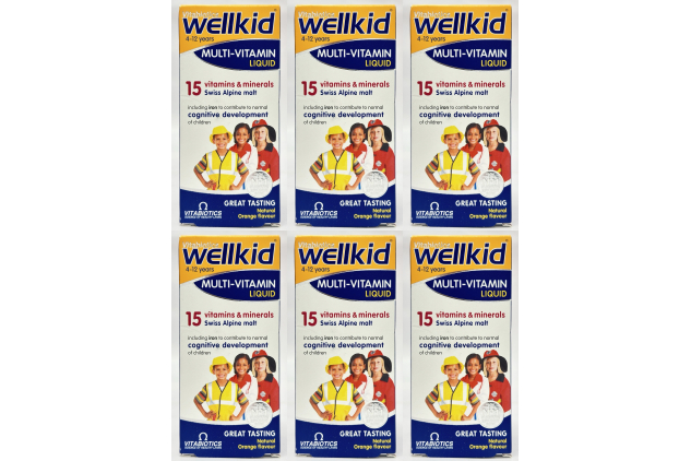 Vitabiotics Wellkid Multivitamin Liquid for Children 4–12 Years – Orange Flavour – 150ml (Pack of 6)