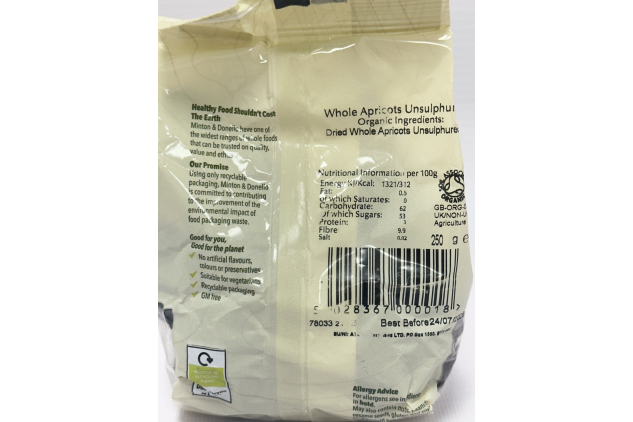 Minton & Donello Organic Whole Apricots Unsulphured | Sun-Dried Dried Fruit | 6 x 250g