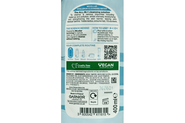 Garnier Micellar Hyaluron Cleansing Water – Barrier Strength Face Cleanser & Make-Up Remover – 400ml