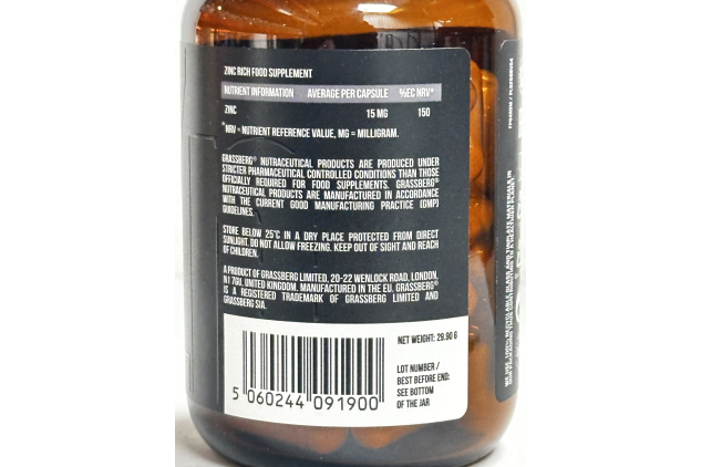 Grassberg Zinc Picolinate 15mg 60 Capsules Zinc Food Supplement