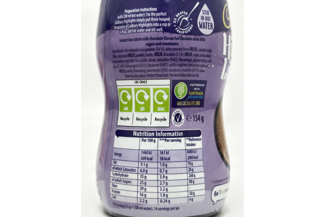 Cadbury Highlights Milk Chocolate Hot Drink 154g Low Calorie