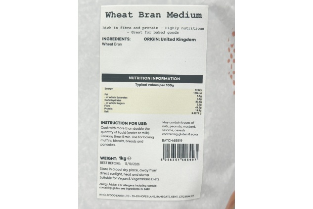 Wheat Bran 1kg Medium Grade High Fibre Baking Ingredient Cereals & Smootie