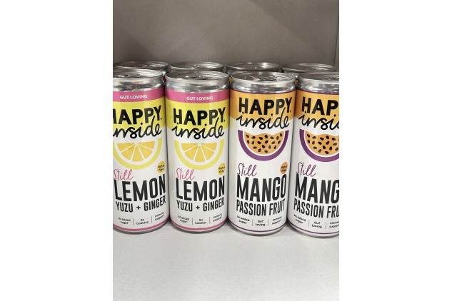 Happy Inside 8 X 250ml Gut Loving Cans 4 X Lemon & Yuzu Ginger 4 X Mango Passion Fruit