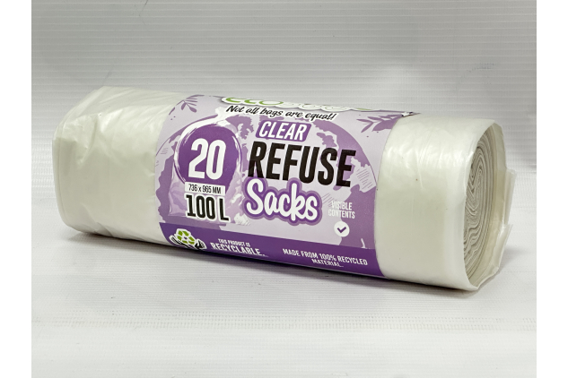 EcoBag Clear Refuse Sacks 100L 20 Pack 22 Micron Recycled Bin Bags