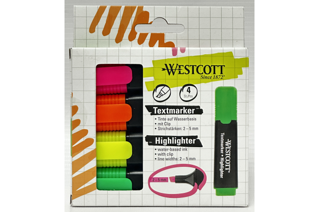 Westcott Highlighter Markers 4 Pack Green Yellow Orange Pink