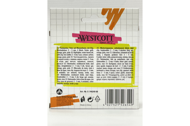 Westcott Highlighter Markers 4 Pack Green Yellow Orange Pink