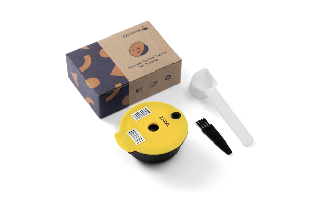 Reusable Coffee Pods 220ml Refillable Coffee Capsule with Yellow Silicone Lid Compatible with Bosch Tassimo Machine