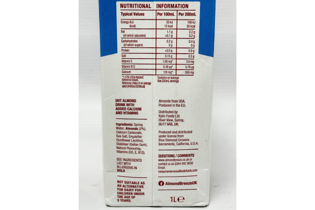 Blue Diamond Almond Breeze Unsweetened Almond Drink 8 x 1L