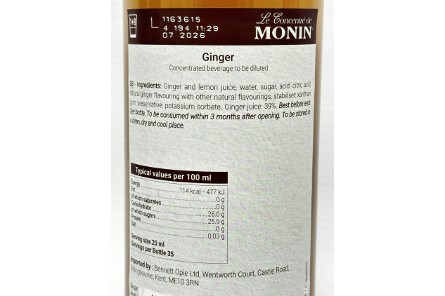 MONIN Ginger Concentrate 700ml Drink Mixer for Cocktails, Lemonade & Hot Drinks