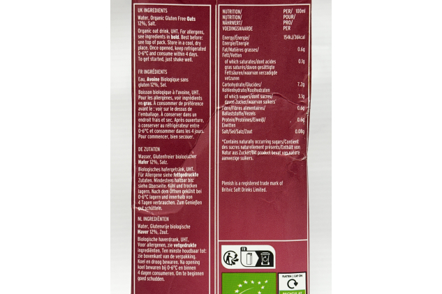 Plenish Organic Gluten Free Oat Drink Unsweetened 8 x 1L