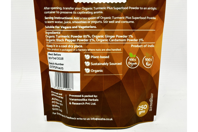 Organic Turmeric Plus Superfood Powder 250g for Lattes, Shots, Smoothies & Cooking